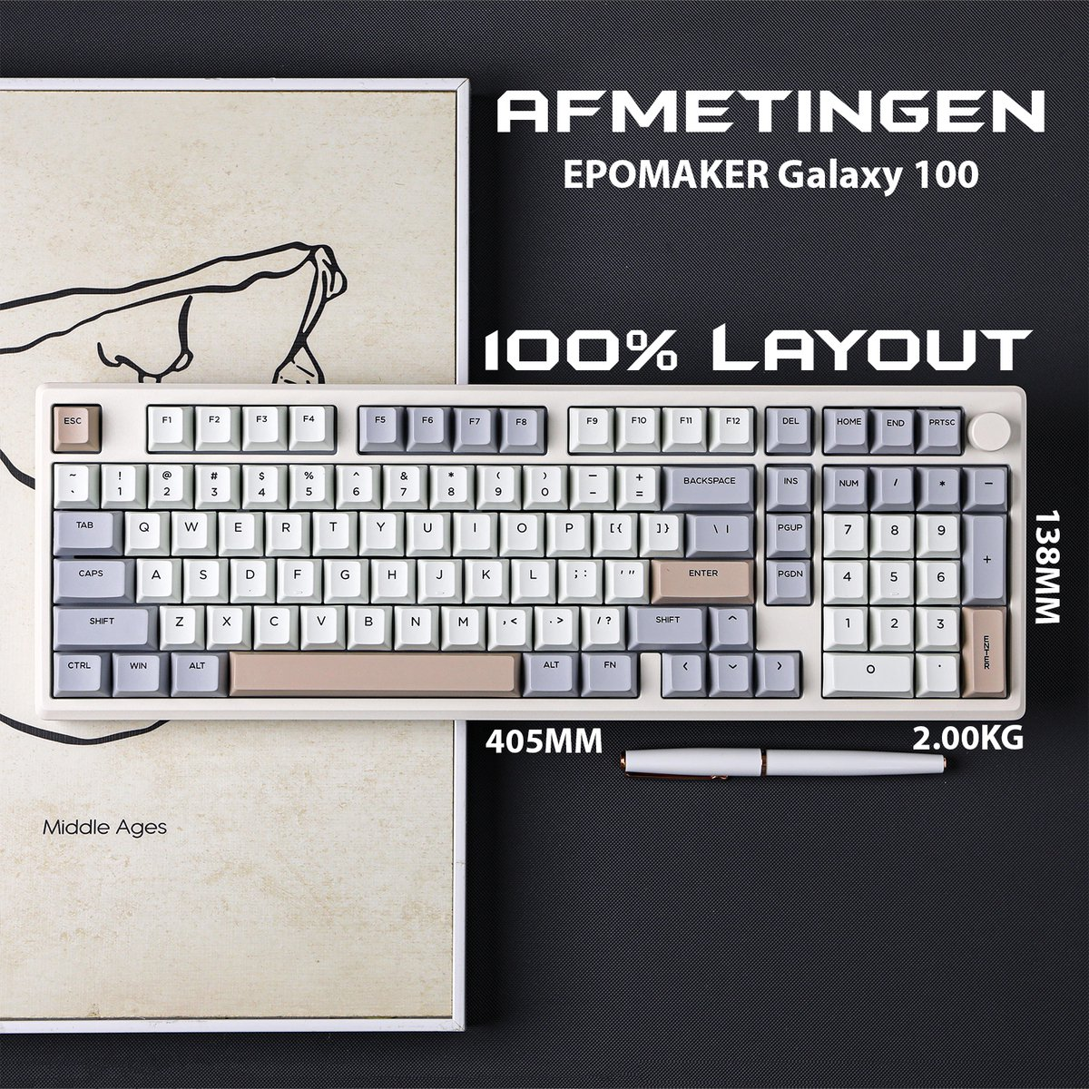 A keyboard with white keys and gray accents, a pen, and a drawing titled 'Middle Ages'.