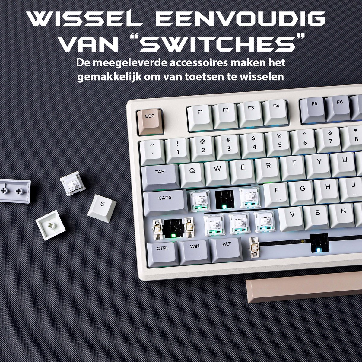 A keyboard with several key switches removed. Some keycaps are scattered around. Text in Dutch says 'Switch easily from switches'.