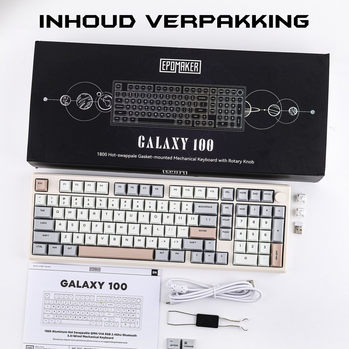 A keyboard and box labeled 'EPOMAKER GALAXY 100.' Accessories include a manual, cable, and keycap puller.