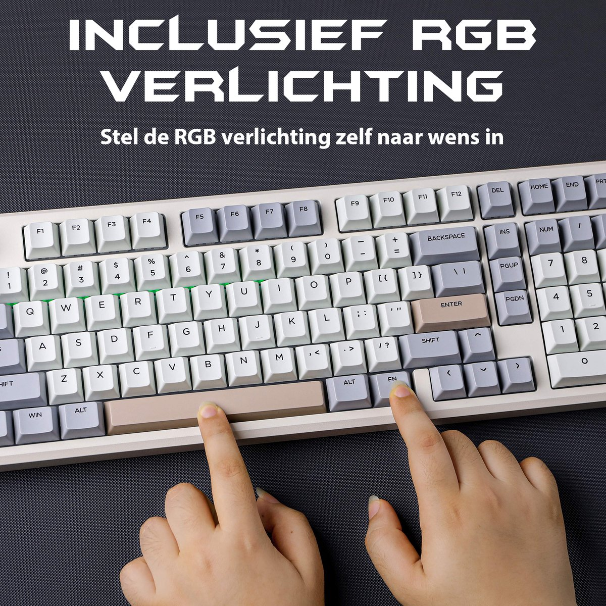A close-up of a keyboard with hands pressing keys. The keyboard has white and grey keys. Text above reads 'INCLUSIEF RGB VERLICHTING'.