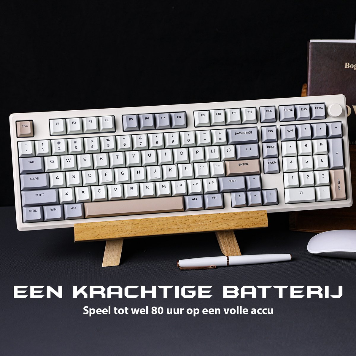 A white and beige keyboard on a wooden stand. A pen and mouse are also visible. Text at the bottom.