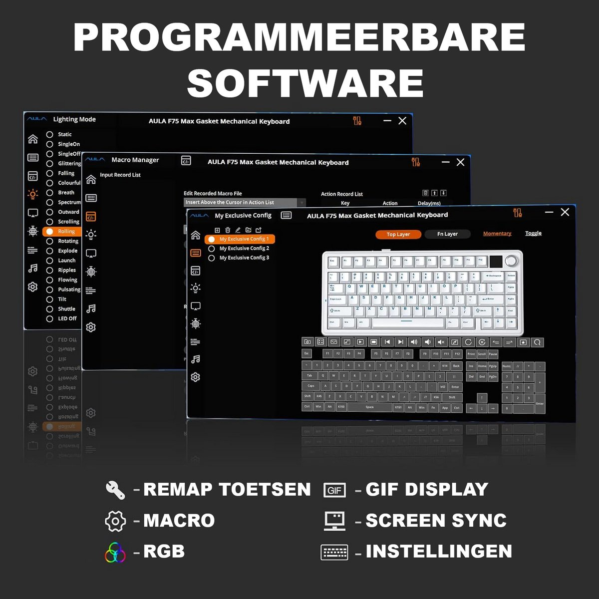 Een software-interface voor toetsenborden met opties zoals verlichtingsmodi, macro-instellingen en toetsaanpassing.