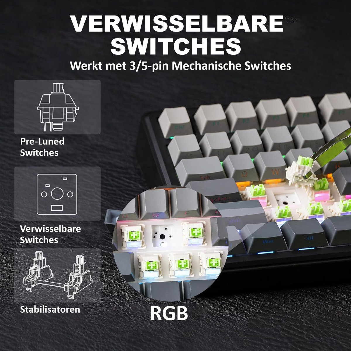 Een close-up van een toetsenbord met verwijderbare schakelaars wordt getoond. De afbeelding benadrukt de RGB-functie en verwisselbare toetsen.