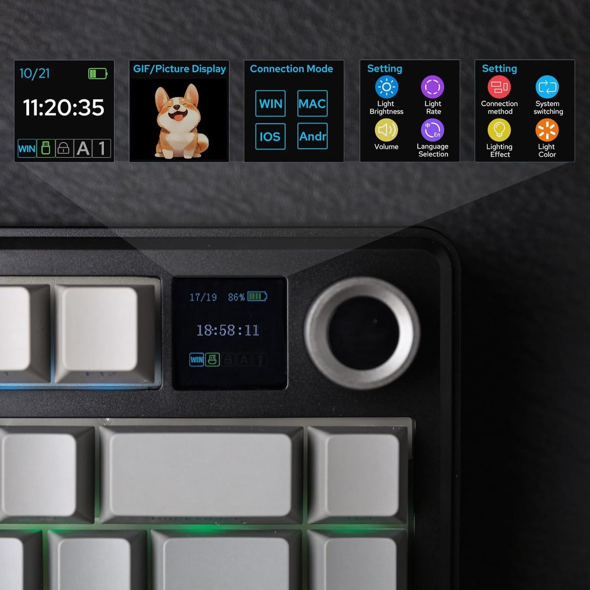 Toetsenbord met display dat tijd, batterij en instellingsopties toont. Het toont een corgi-afbeelding en verbindingsmodi.