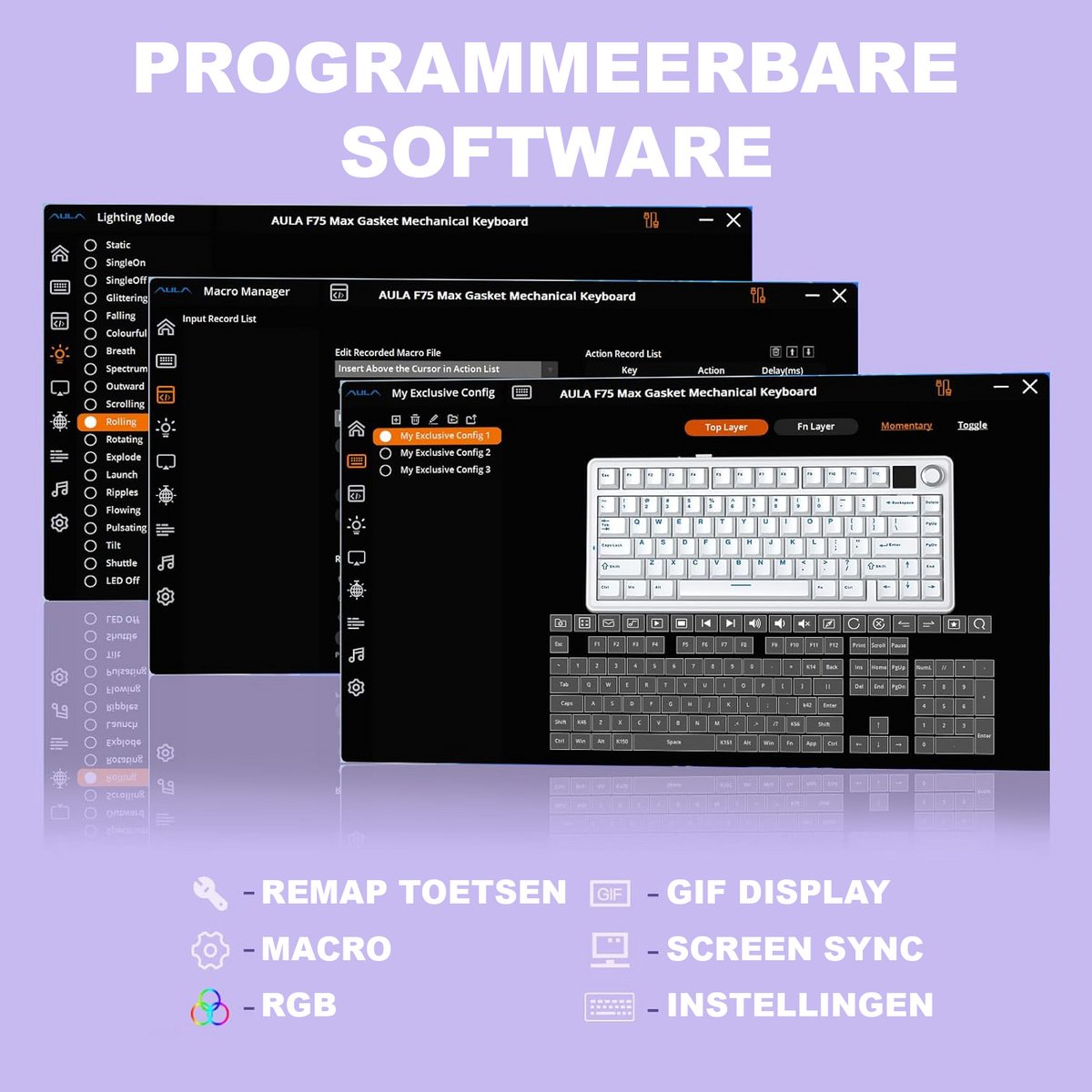 Een software-interface voor een toetsenbord met verschillende opties. Rechts wordt een wit toetsenbord getoond. Opties staan links.