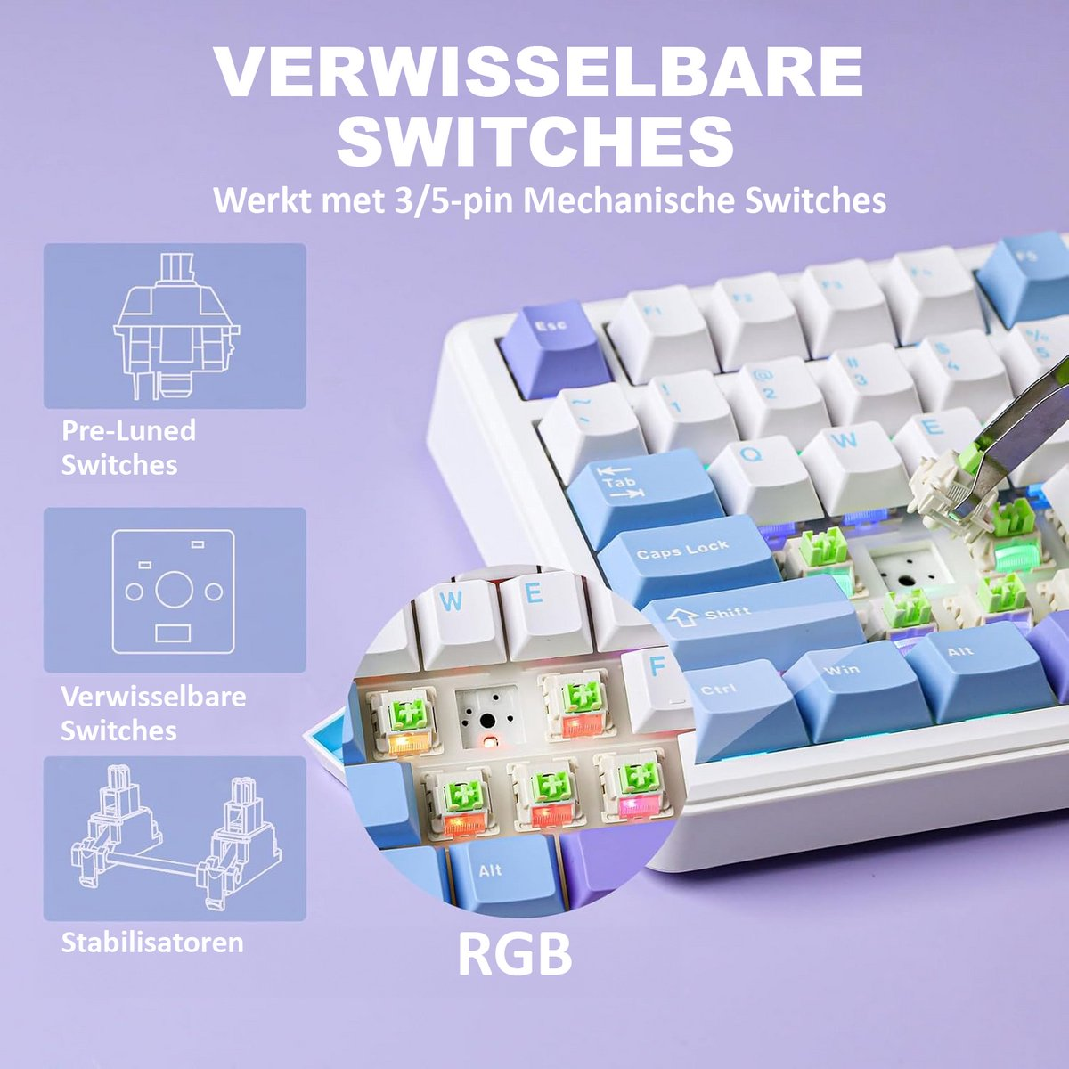 Een close-up van een mechanisch toetsenbord met verwijderbare schakelaars. De afbeelding benadrukt de keycaps, schakelaars en RGB-verlichting.