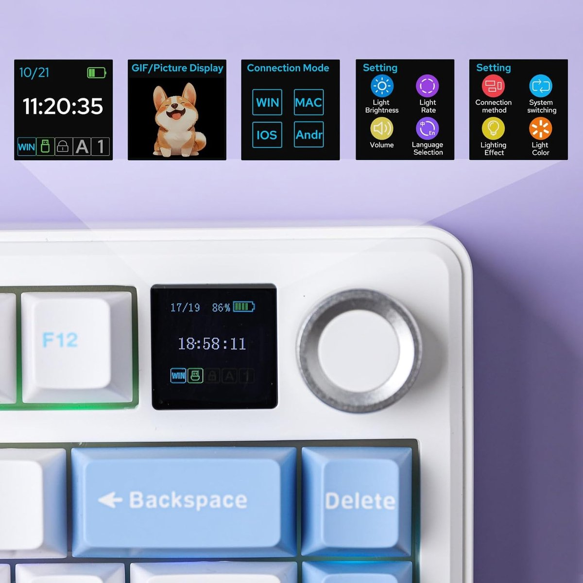 Een wit toetsenbord met een scherm dat tijd en batterij weergeeft. Kleine schermen tonen instellingen en een hondenafbeelding.