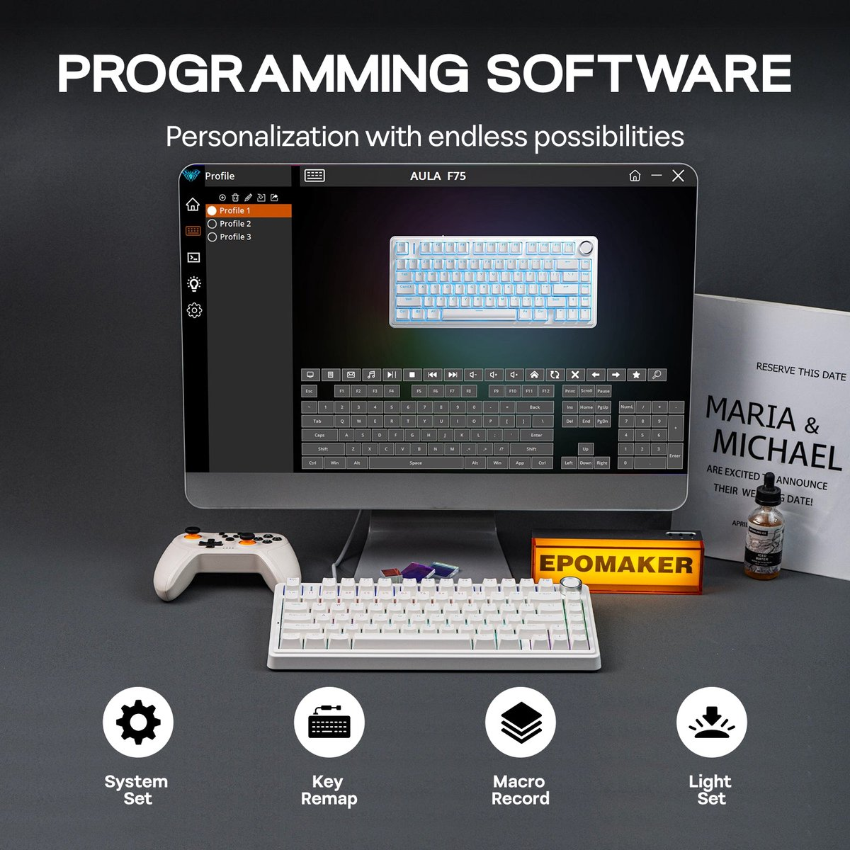 Computeropstelling met toetsenbord, monitor met software-interface, gamepad en huwelijksaankondiging.