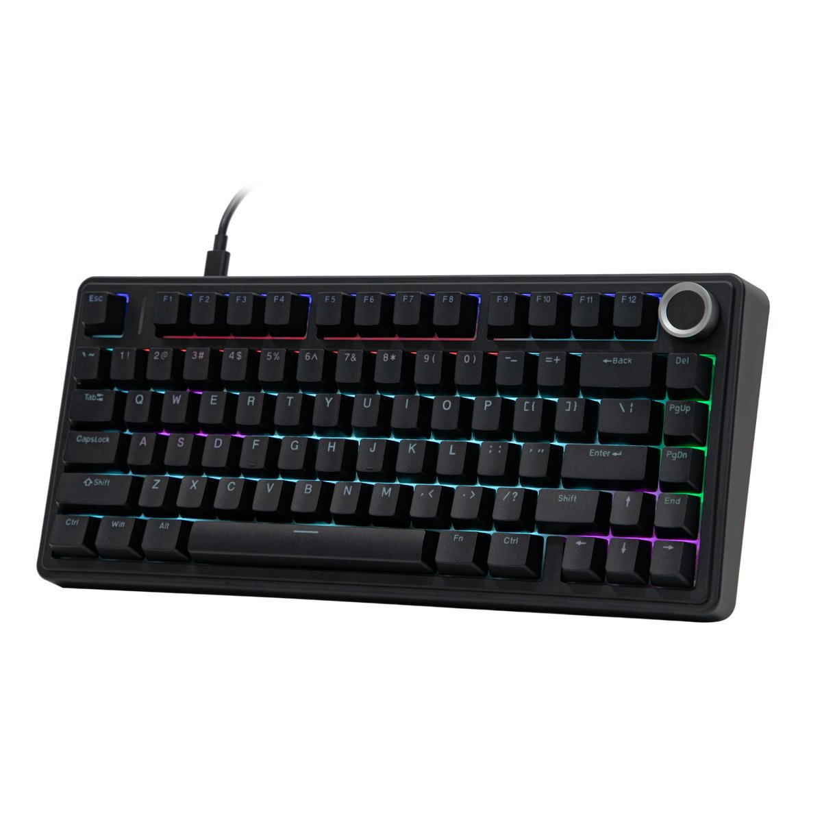 Zwart mechanisch toetsenbord met verlichte toetsen. Inclusief functietoetsen, alfanumerieke toetsen en een volumeknop. USB-kabel bevestigd.