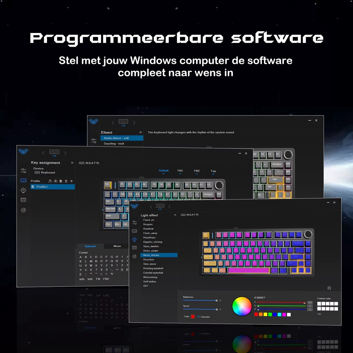 Der Computerbildschirm zeigt eine Tastaturanpassungssoftware mit verschiedenen Lichteffektoptionen.