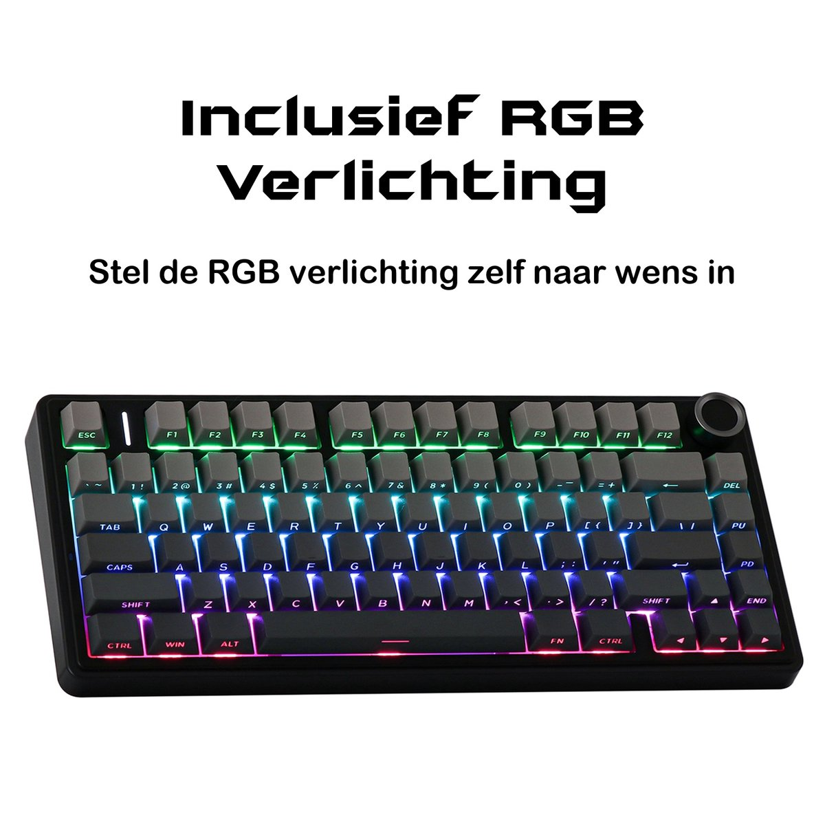 Schwarze Tastatur mit RGB-Beleuchtung. Tasten sind grau mit weißen Buchstaben. Text oben: 'Inclusief RGB Verlichting'.