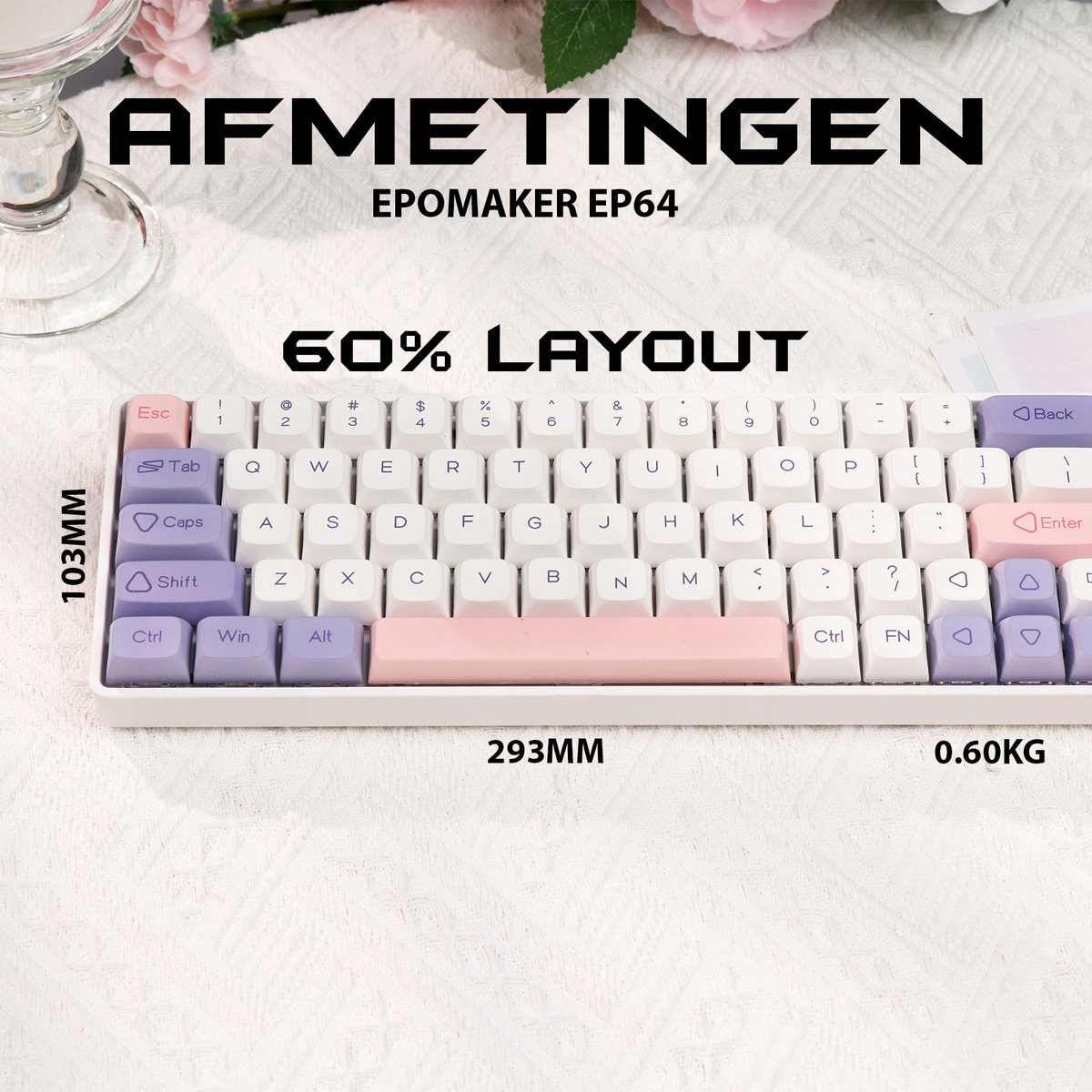 A white 60% keyboard with purple and pink keys. The brand name is AFMETINGEN, and model is EPOMAKER EP64.