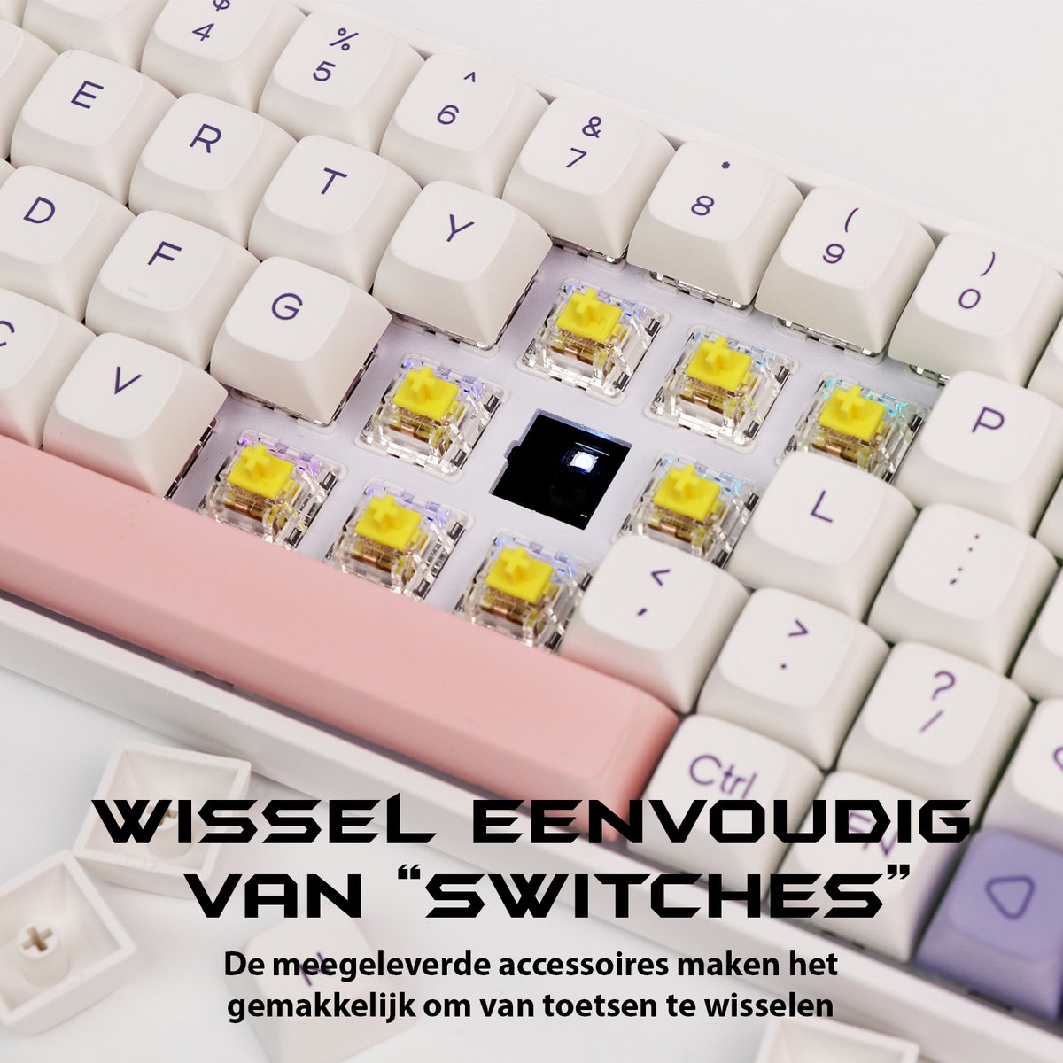 Close-up of a white keyboard with visible yellow switches. Pink spacebar and white keycaps. Text at the bottom: 'Change switches easily'.