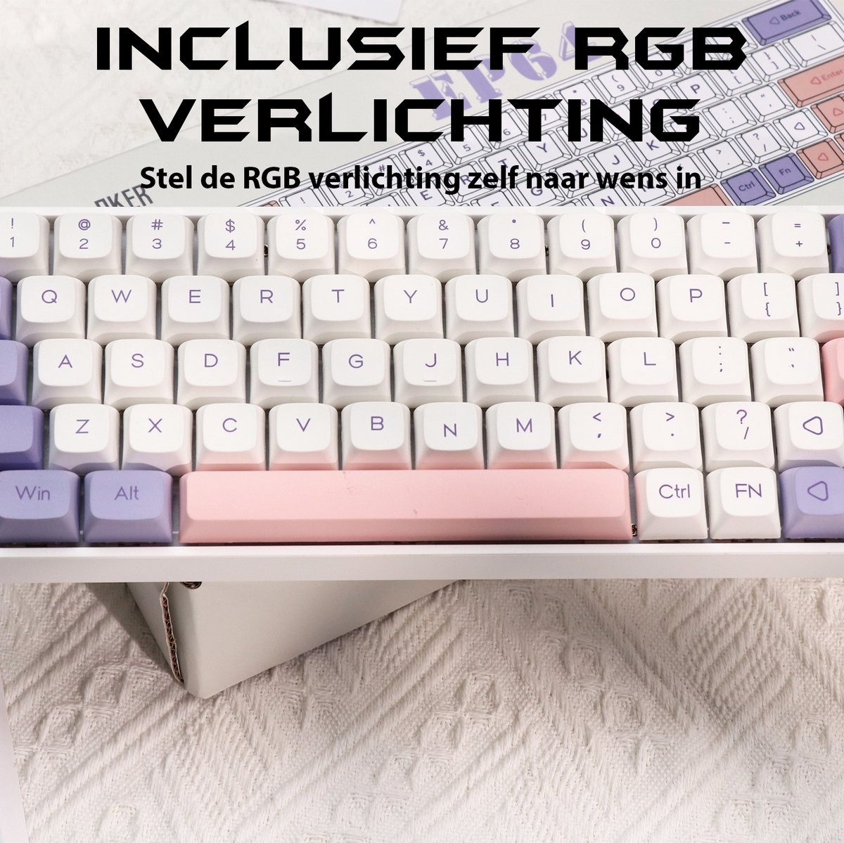 Close-up of a white keyboard with pastel-colored keys. Text at the top reads 'INCLUSIEF RGB VERLICHTING'.