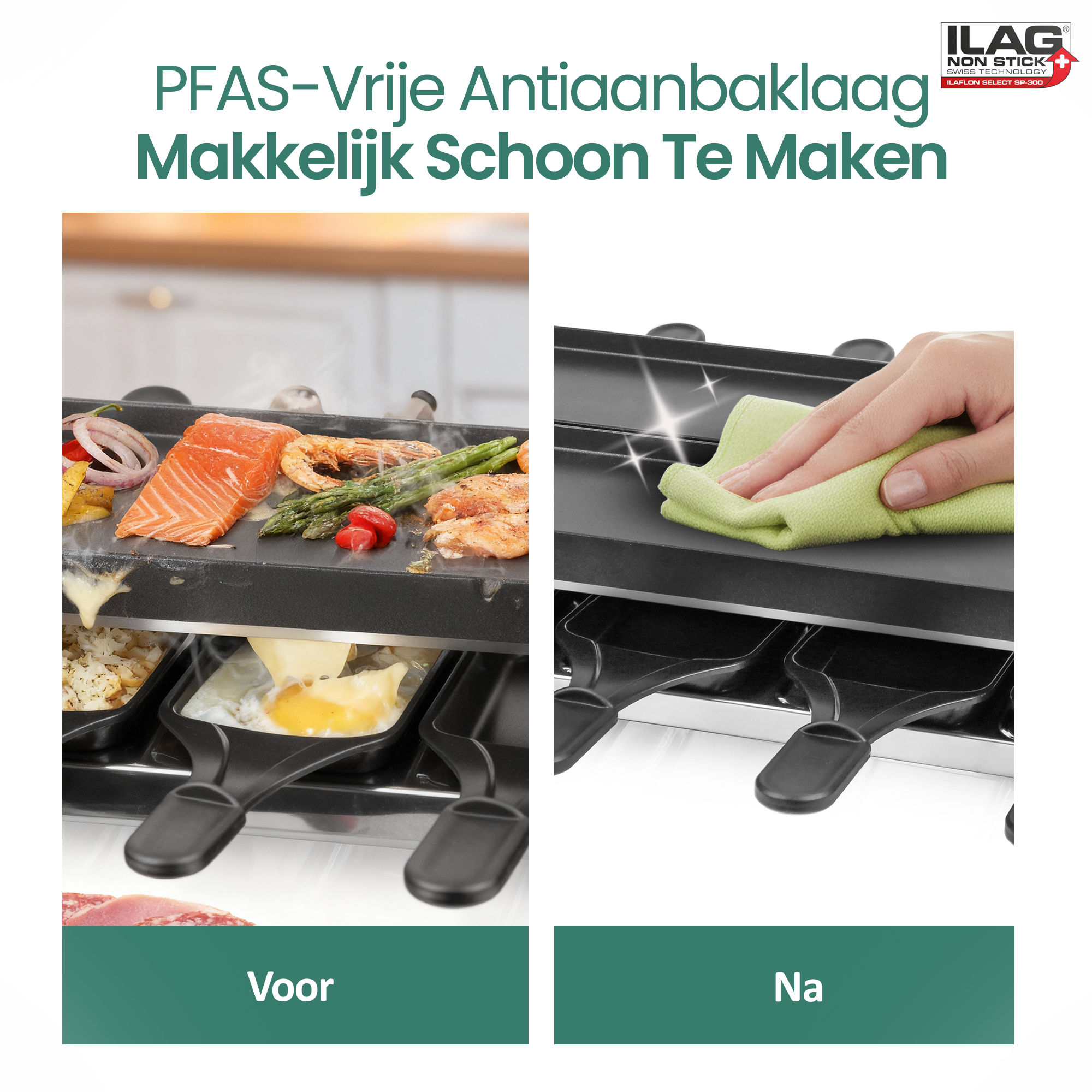 Een raclette grill met eten erop. Een hand maakt de grill schoon met een groene doek.