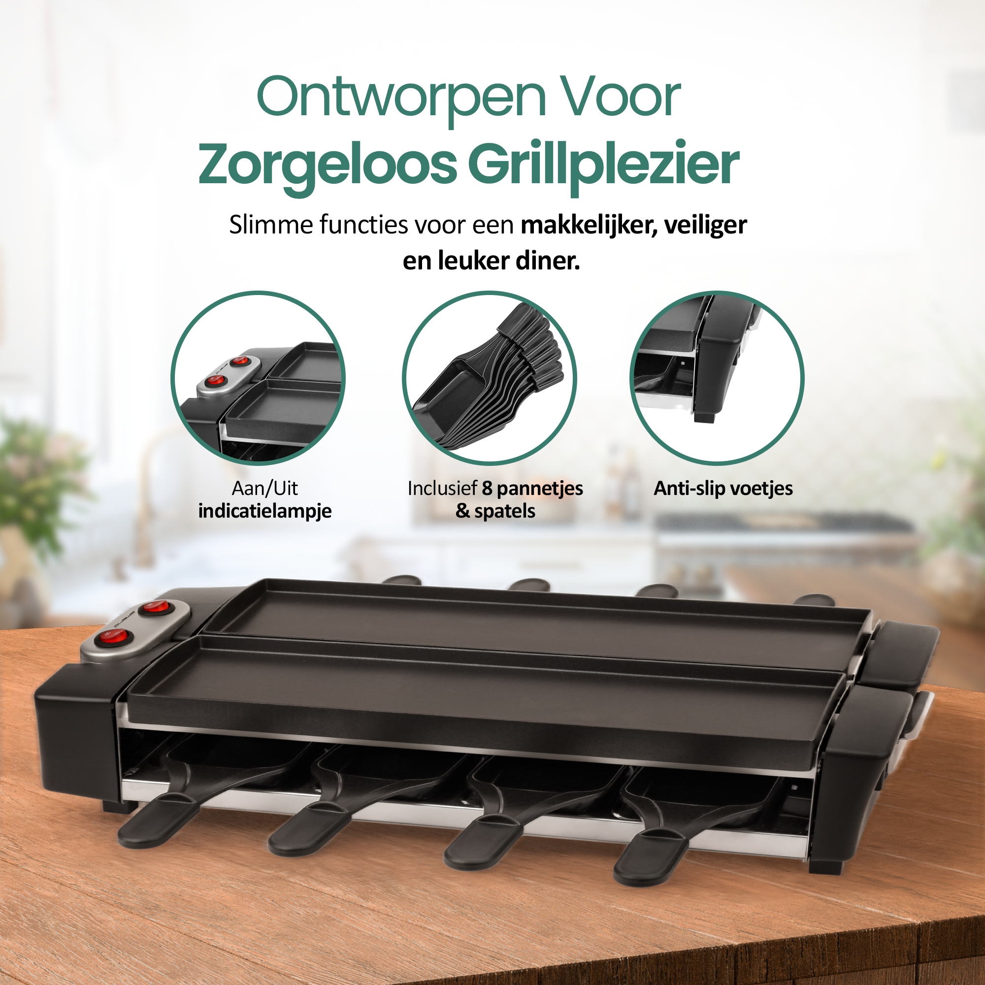 Een zwarte grill met spatels op een houten oppervlak. Tekst bevat 'Grillplezier' en 'Anti-slip voetjes'.