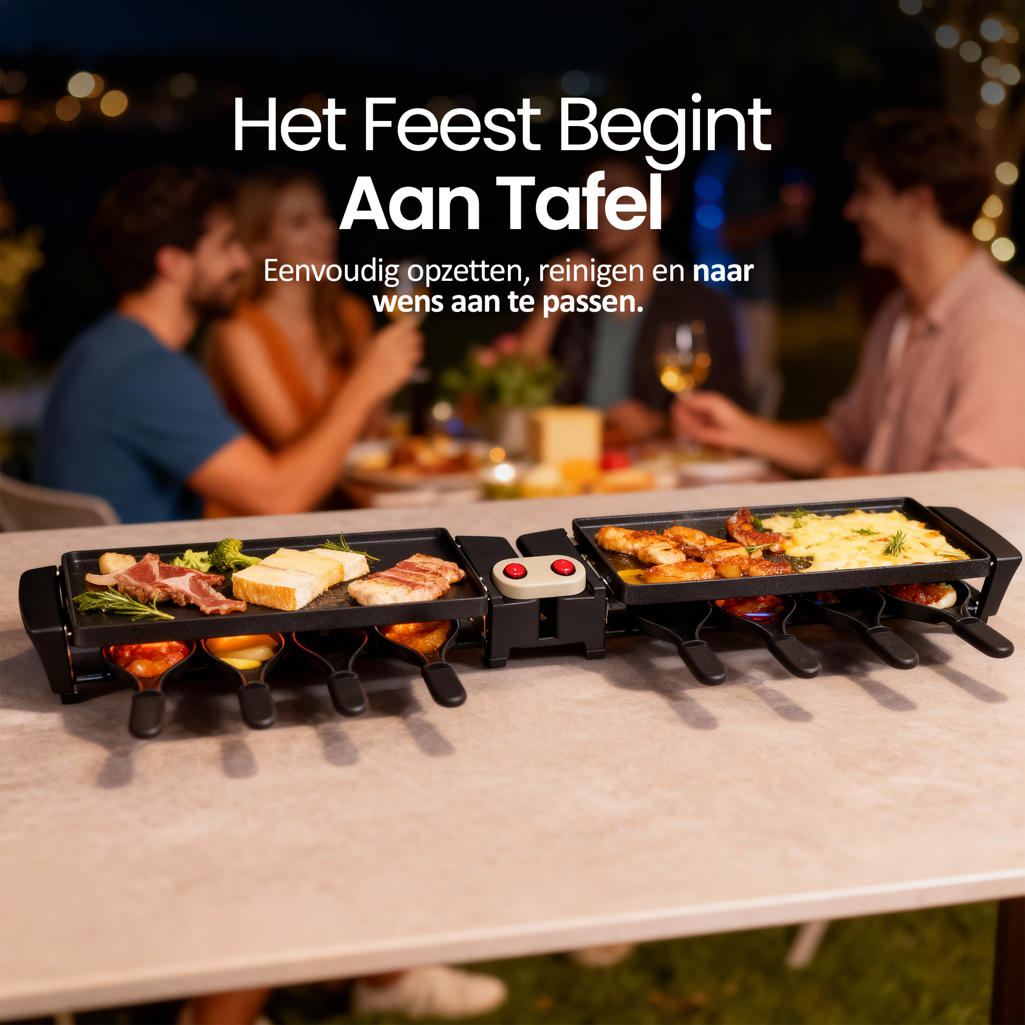 Een raclette grill met eten op tafel, mensen op de achtergrond. Tekst: 'Het feest begint aan tafel'.