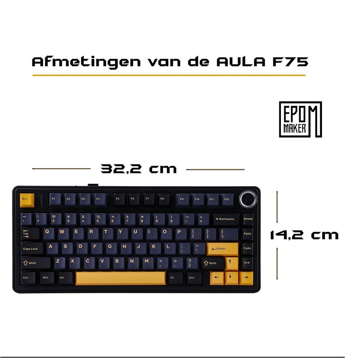 Schwarze Tastatur mit gelben Akzenten. Abmessungen: 32,2 cm x 14,2 cm. Enthält Funktionstasten, Buchstaben, Zahlen und Symbole.