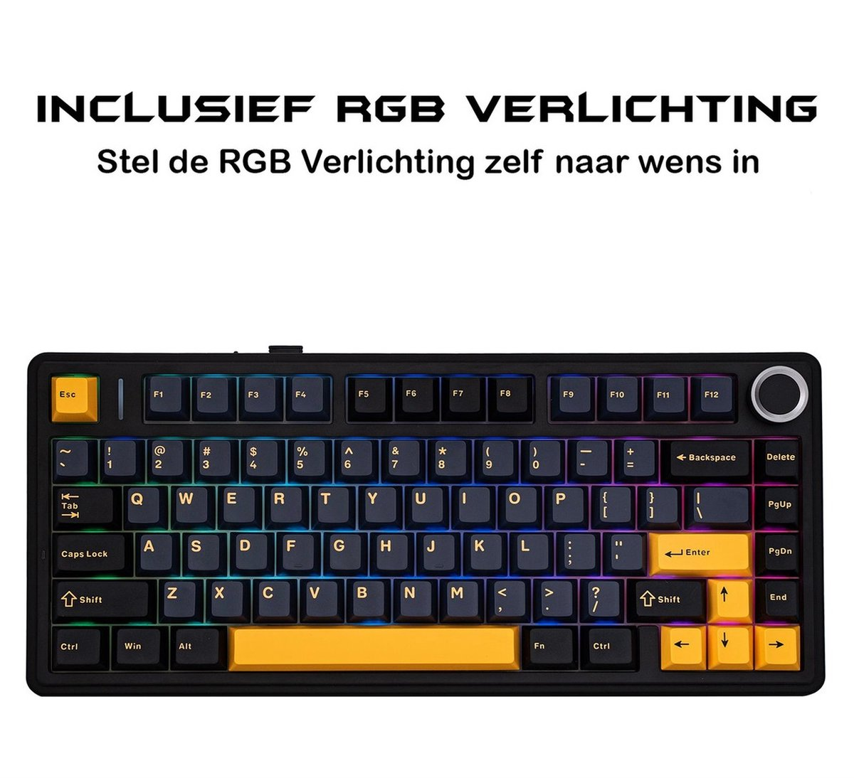 Eine schwarze Tastatur mit gelben und weißen Tasten, RGB-Beleuchtung und Funktionstasten. Enthält einen Lautstärkeregler und Text oben.