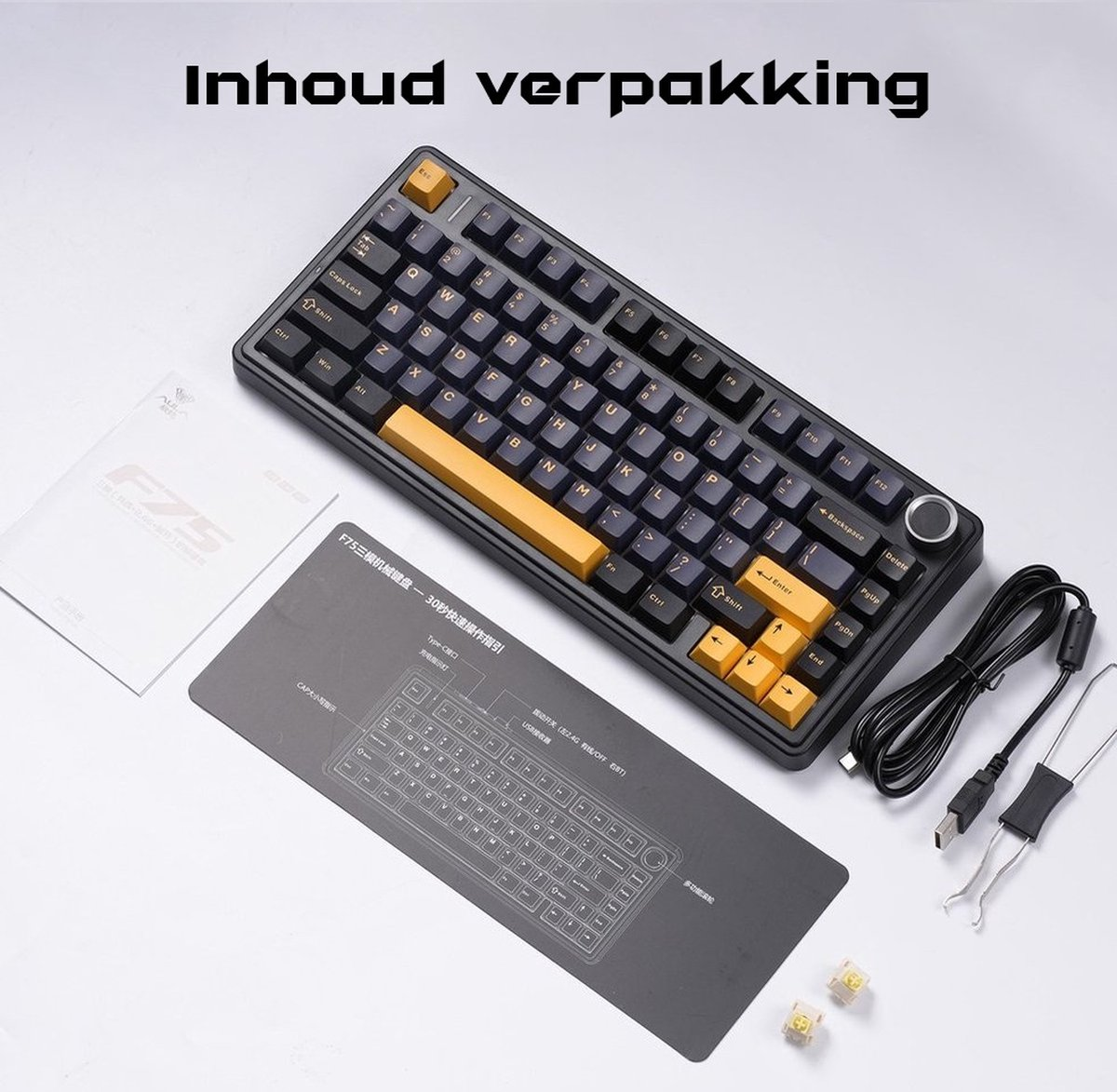 Eine Tastatur mit gelben Akzenten, ein Handbuch, ein Diagramm und Zubehör liegen auf einer Oberfläche. Der Text 'Inhoud verpakking' steht oben.