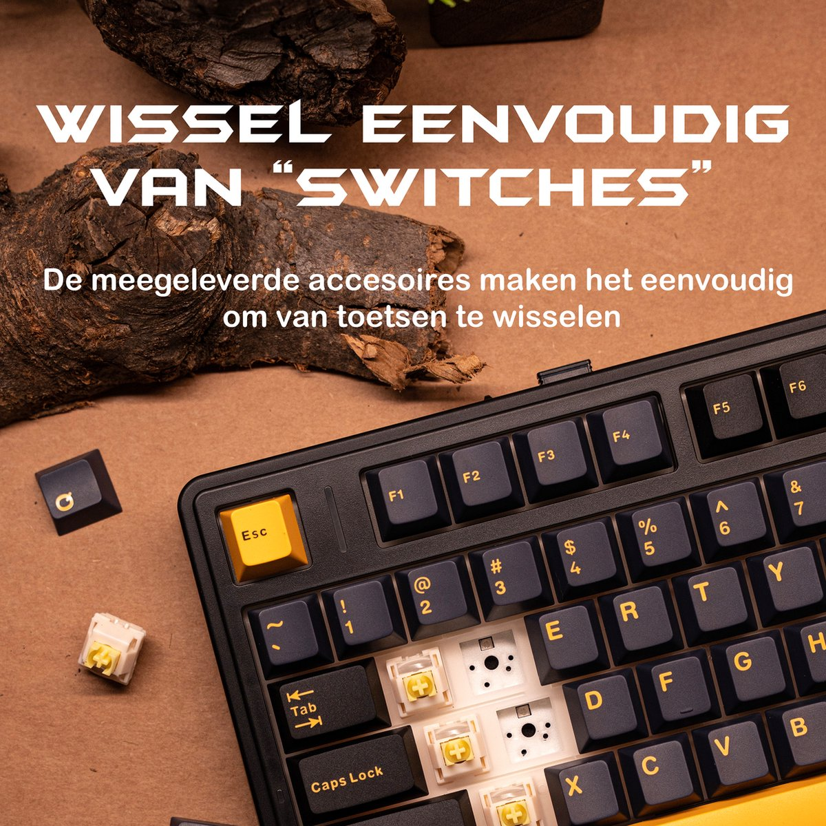 Eine Tastatur mit gelben Akzenten, bei der Tasten entfernt wurden, wobei Schalter sichtbar sind. Text auf Niederländisch: 'Schalter einfach wechseln'.