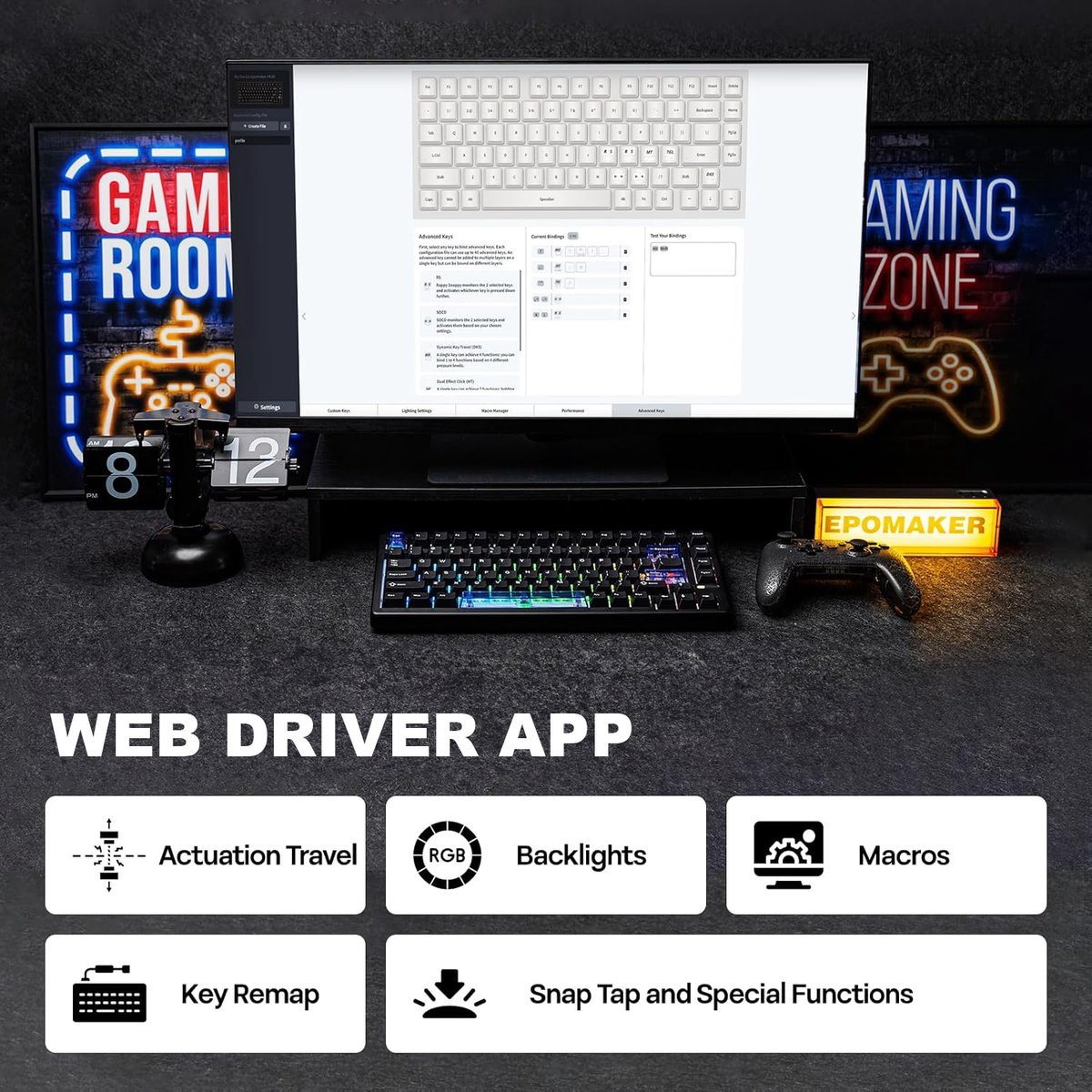 Un'impostazione di gioco con tastiera, controller e monitor. Le insegne al neon recitano 'Gaming Room' e 'Gaming Zone'. Icone dell'app Web.
