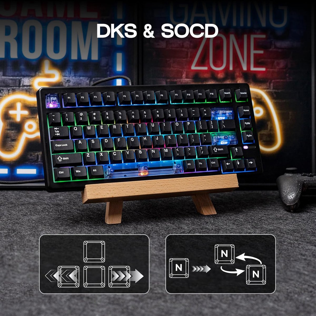 Una tastiera con tasti colorati è su un supporto di legno. Lo sfondo mostra insegne di zona di gioco e un controller. Sotto ci sono diagrammi.