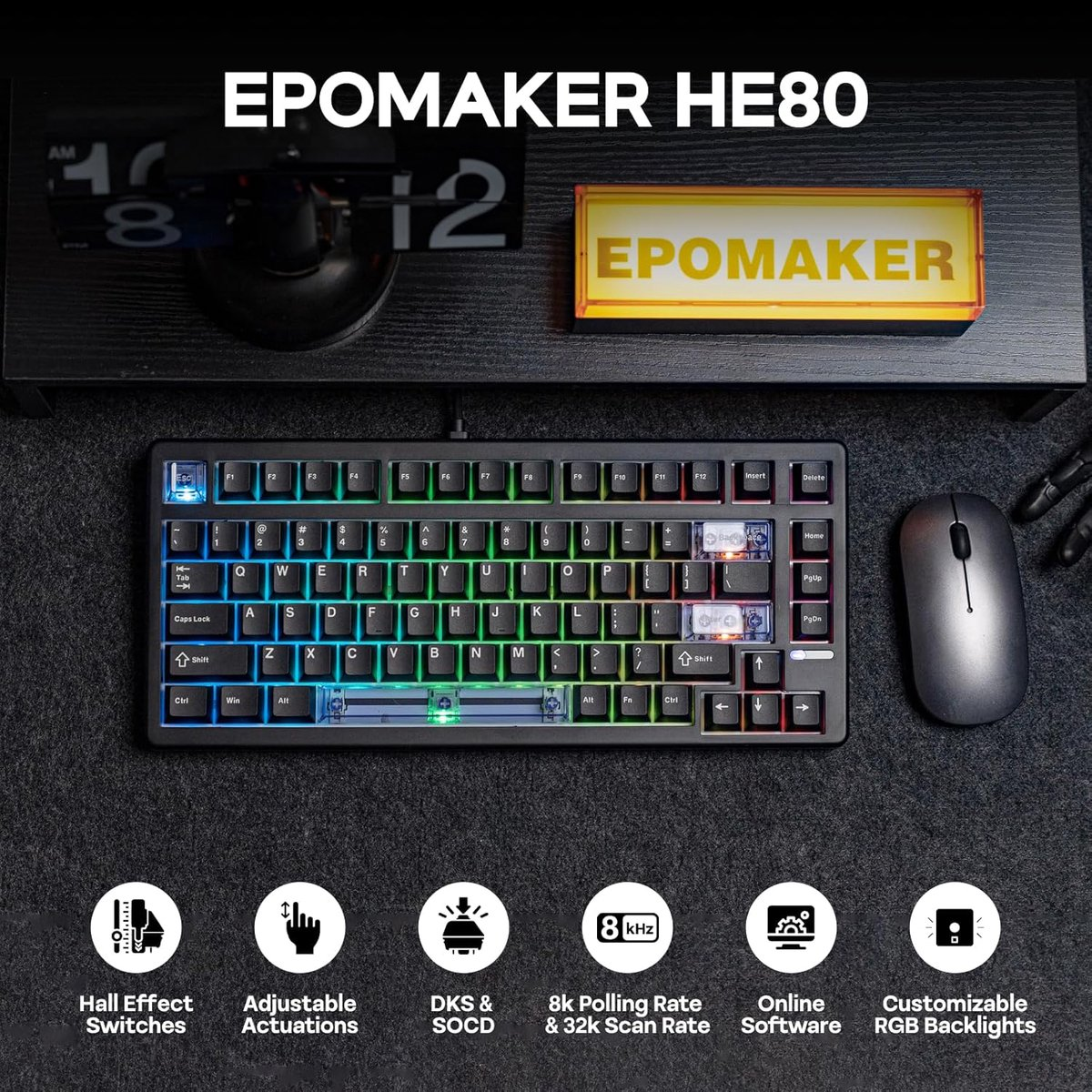 Una tastiera con luci colorate, mouse e logo EPOMAKER. Mostra funzionalità come interruttori a effetto Hall e attuazioni regolabili.