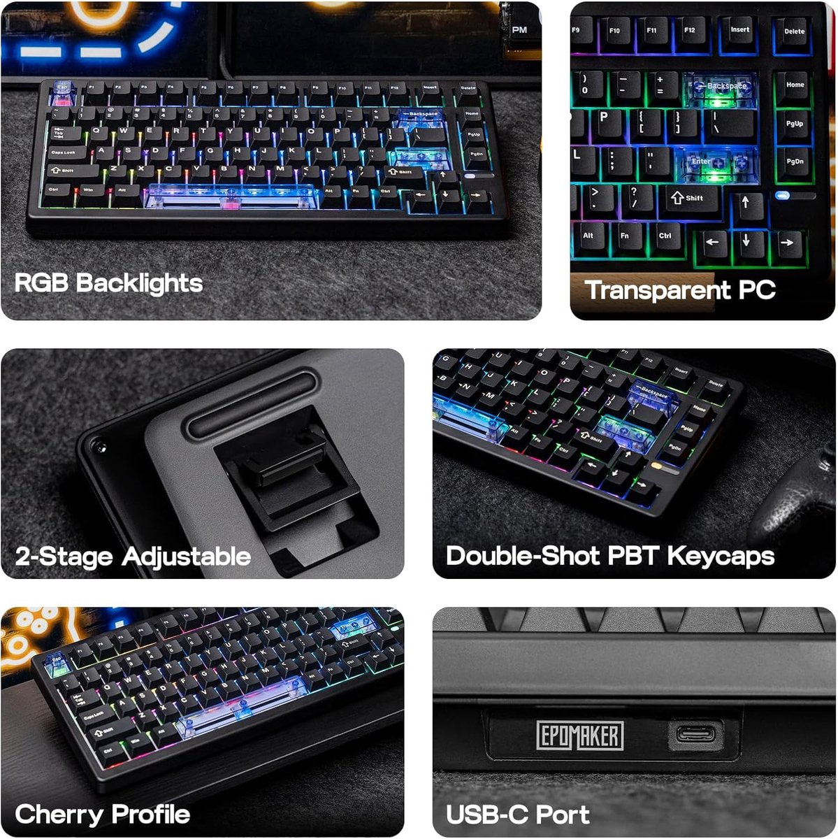 Una tastiera nera con retroilluminazione RGB, tasti trasparenti e una porta USB-C, vari elementi sono evidenziati.