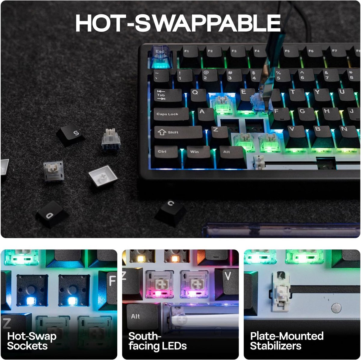 Tastiera nera con tasti rimossi, che mostra interruttori e LED. Il testo recita 'Hot-Swappable', 'Hot-Swap Sockets' e 'South-facing LEDs'.
