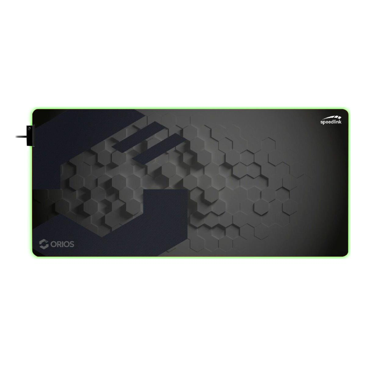 Prostokątna podkładka pod mysz z ciemnoszarym wzorem sześciokątów i zieloną obwódką. Posiada logo Orios i Speedlink.