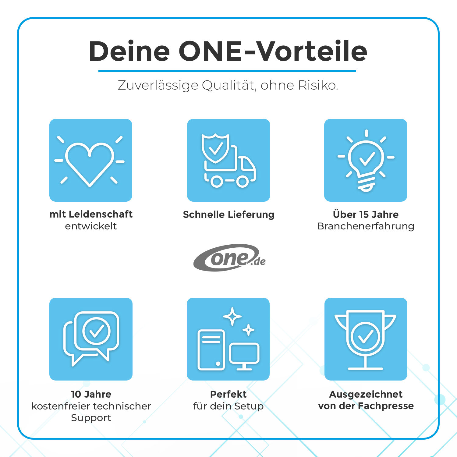 Infografika z niebieskimi kwadratami pokazującymi korzyści: pasja, szybka dostawa, doświadczenie, wsparcie techniczne, idealna konfiguracja i nagroda prasowa.