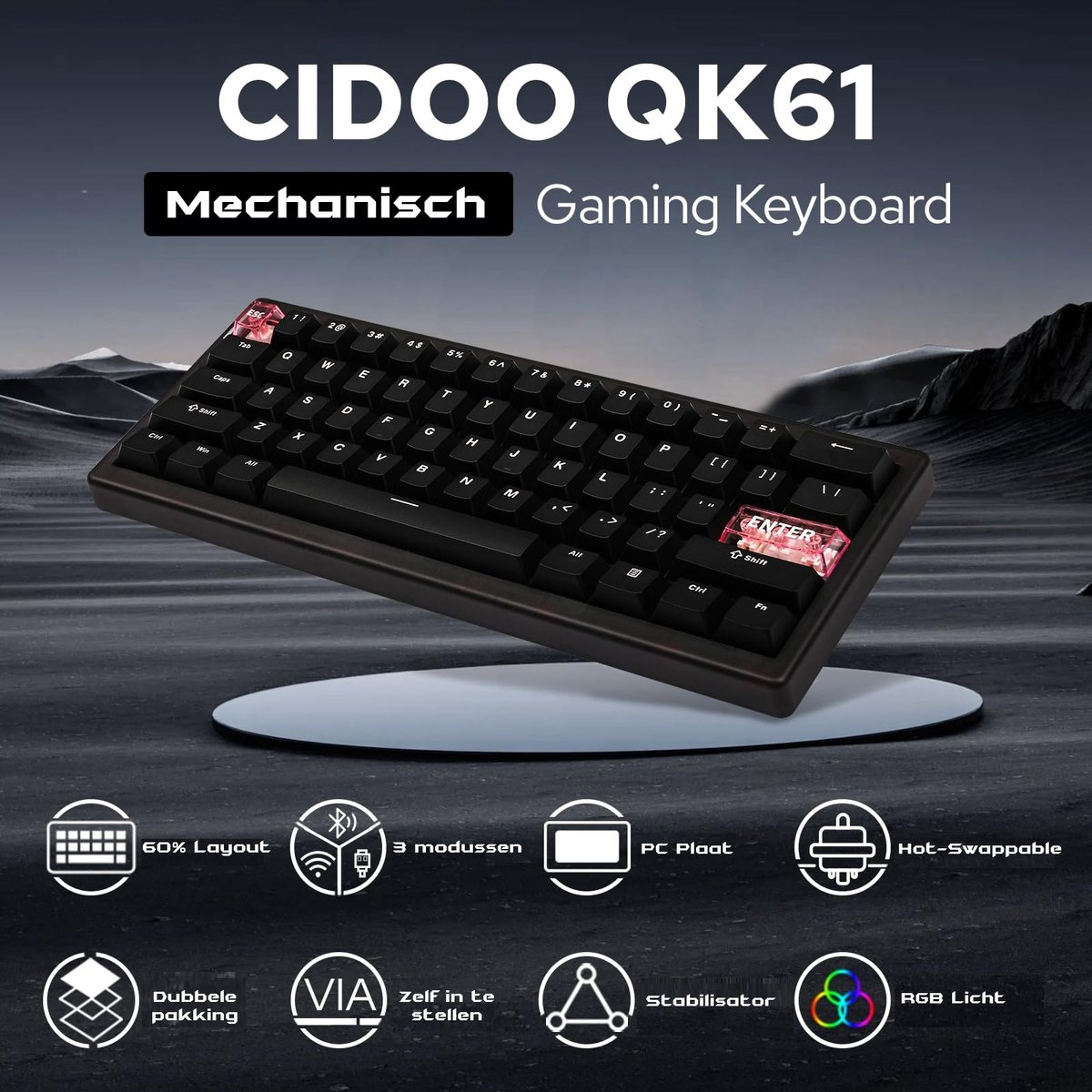 A black mechanical gaming keyboard, Cidoo QK61, with colorful keys and lights, is displayed on a round platform.