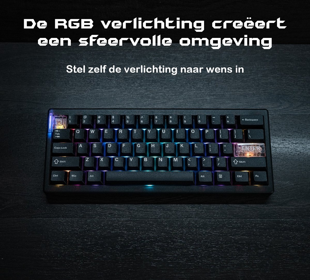A black keyboard with colorful RGB lighting. The keys are lit with different colors. The background is a dark wooden surface.