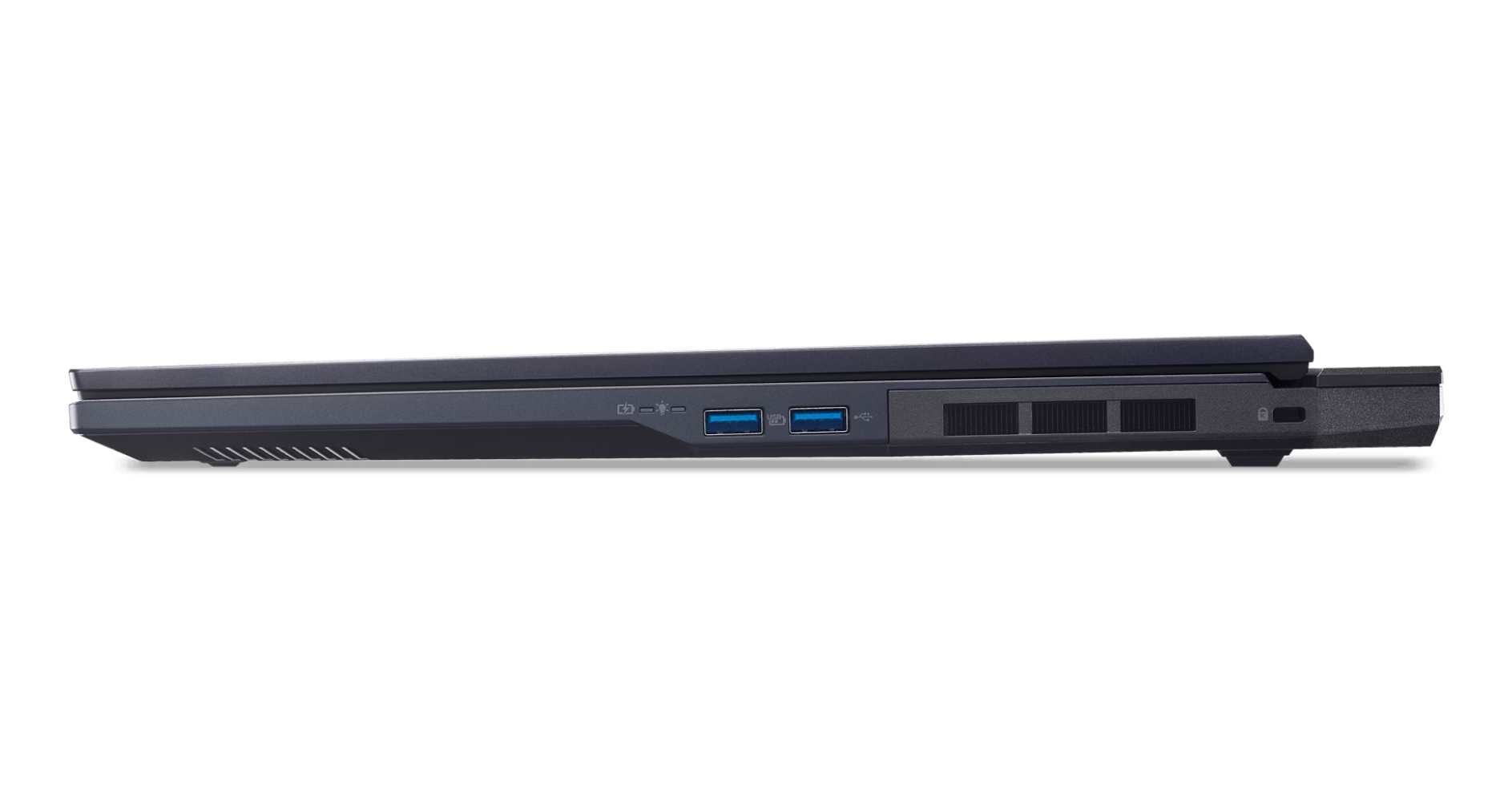 Vista laterale di un laptop scuro, che mostra porte, prese d'aria e una leggera angolazione. Lo sfondo è bianco.