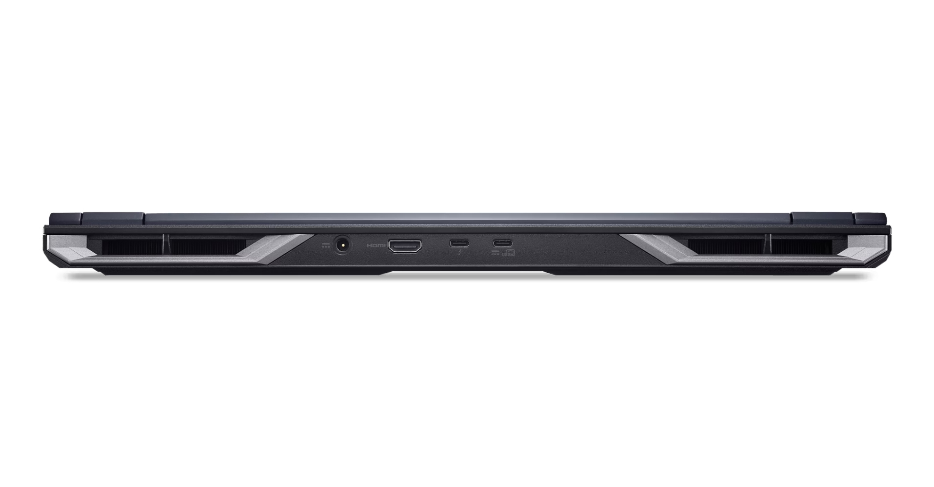 Il bordo inferiore di un laptop mostra porte come HDMI e USB-C. Il dispositivo è grigio scuro con prese d'aria sui lati.
