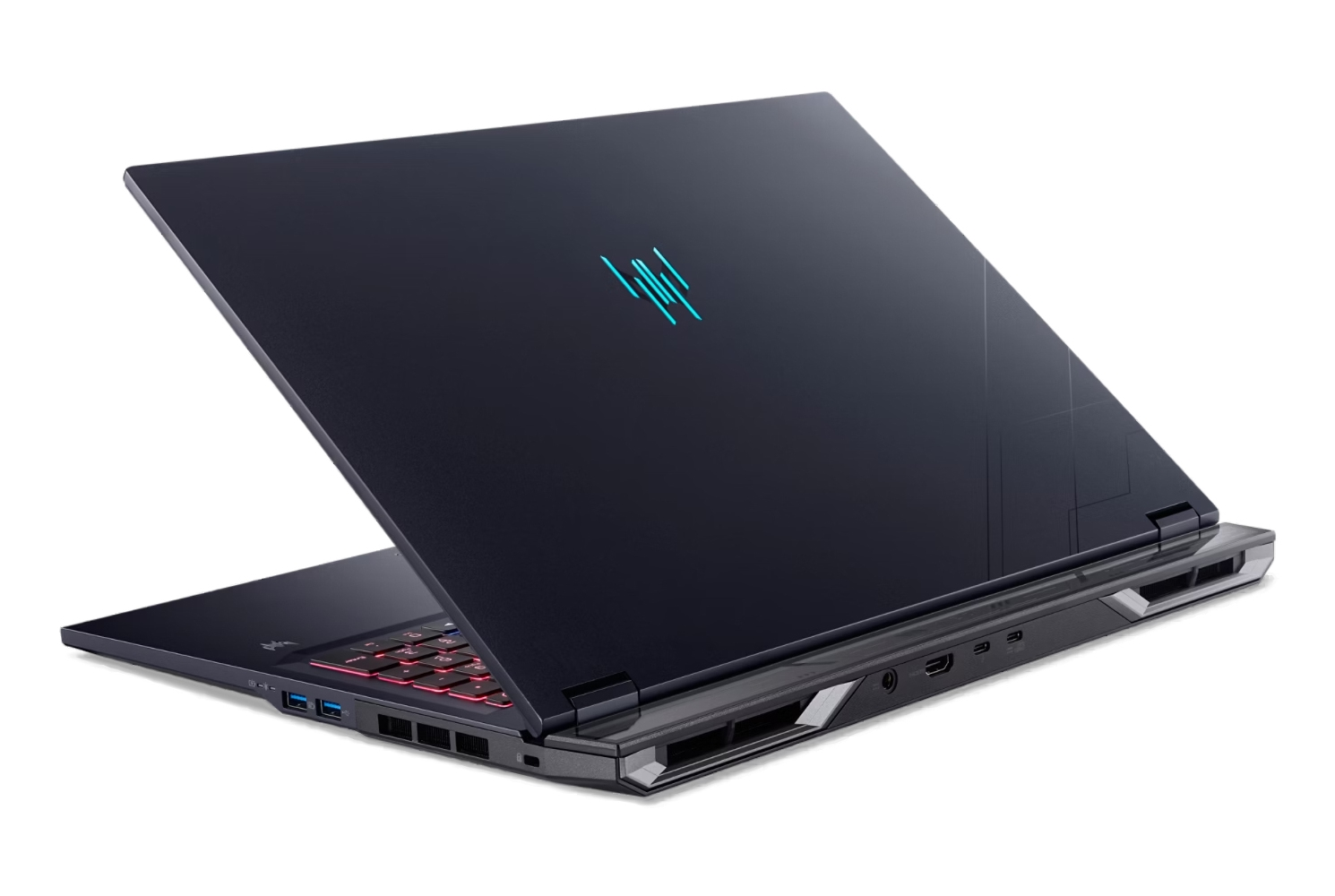 Un laptop blu scuro, leggermente aperto. Il retro ha un logo blu brillante. La tastiera è visibile, illuminata da luci rosse.