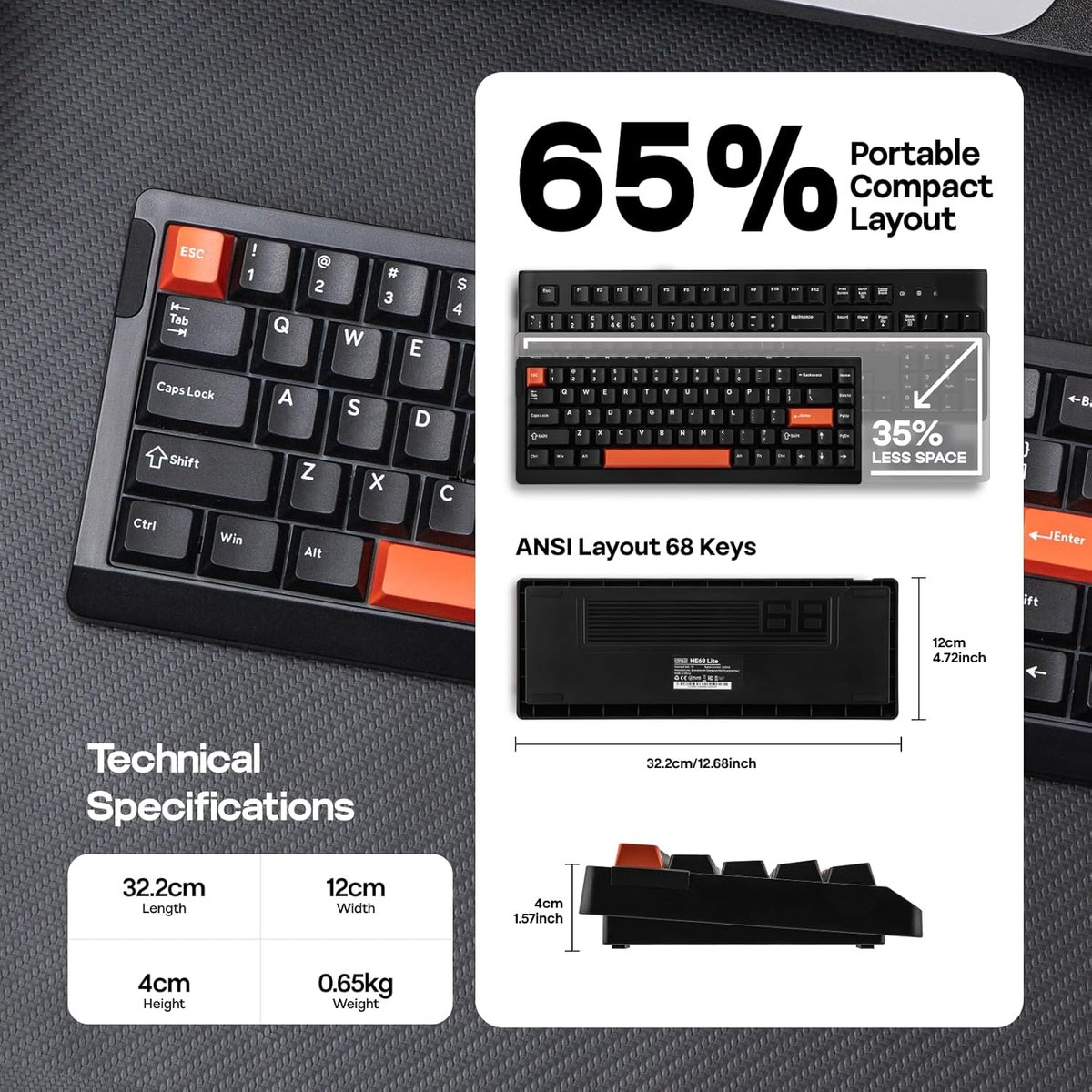 A keyboard with orange and black keys, technical specifications, and a diagram showing dimensions and features.