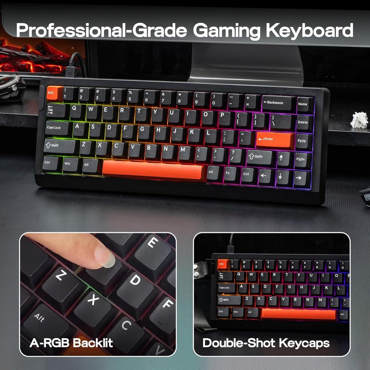 Black gaming keyboard with RGB backlighting, showing keys and a hand. Includes a close-up of keys and a label.