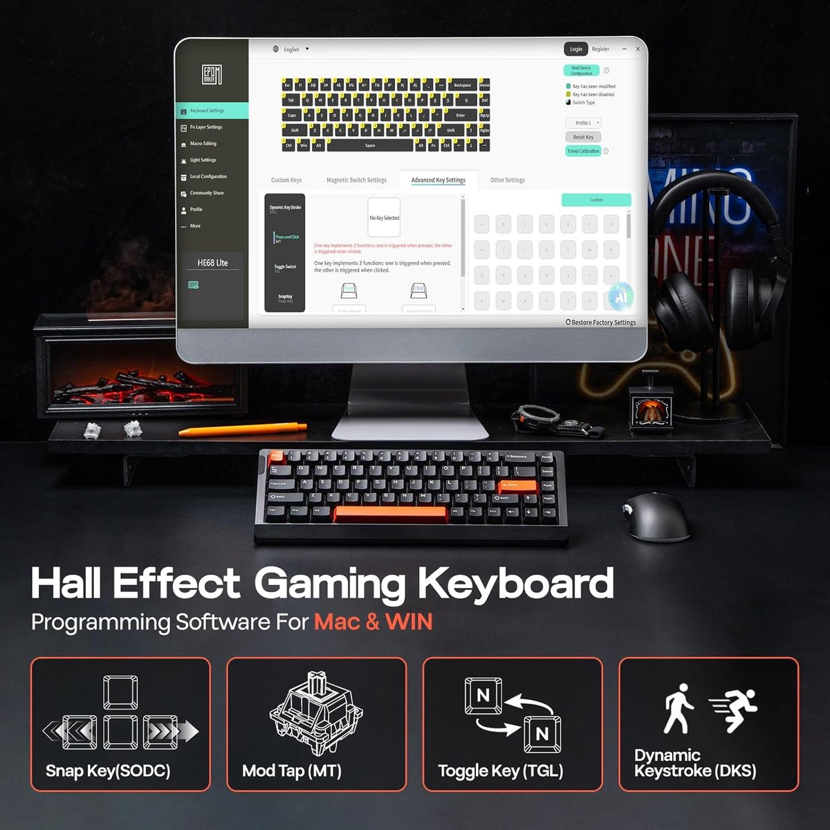 A gaming keyboard with a screen showing settings, a mouse, and headphones on a desk, with icons below.