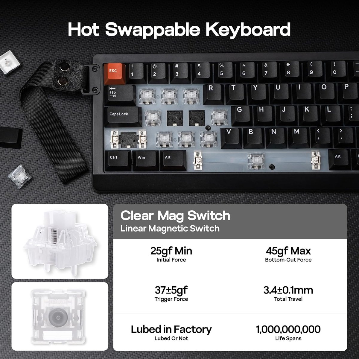 A keyboard with keys removed, showing the hot-swappable switches. Detailed specs for the Clear Mag Switch are provided. 