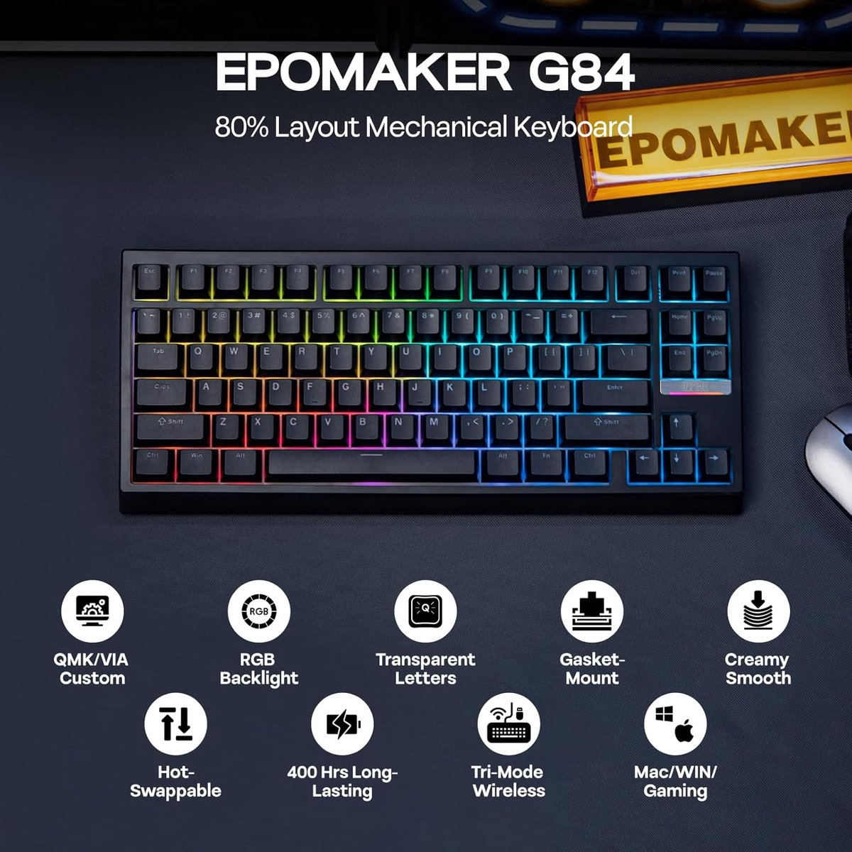 Zwart EPOMAKER G84 mechanisch toetsenbord met RGB-achtergrondverlichting, transparante letters en functies.