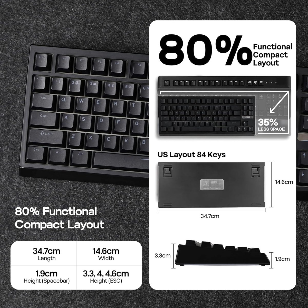 Zwart toetsenbord met 80% lay-out, compact ontwerp. Inclusief afmetingen en lay-out details. US lay-out met 84 toetsen.