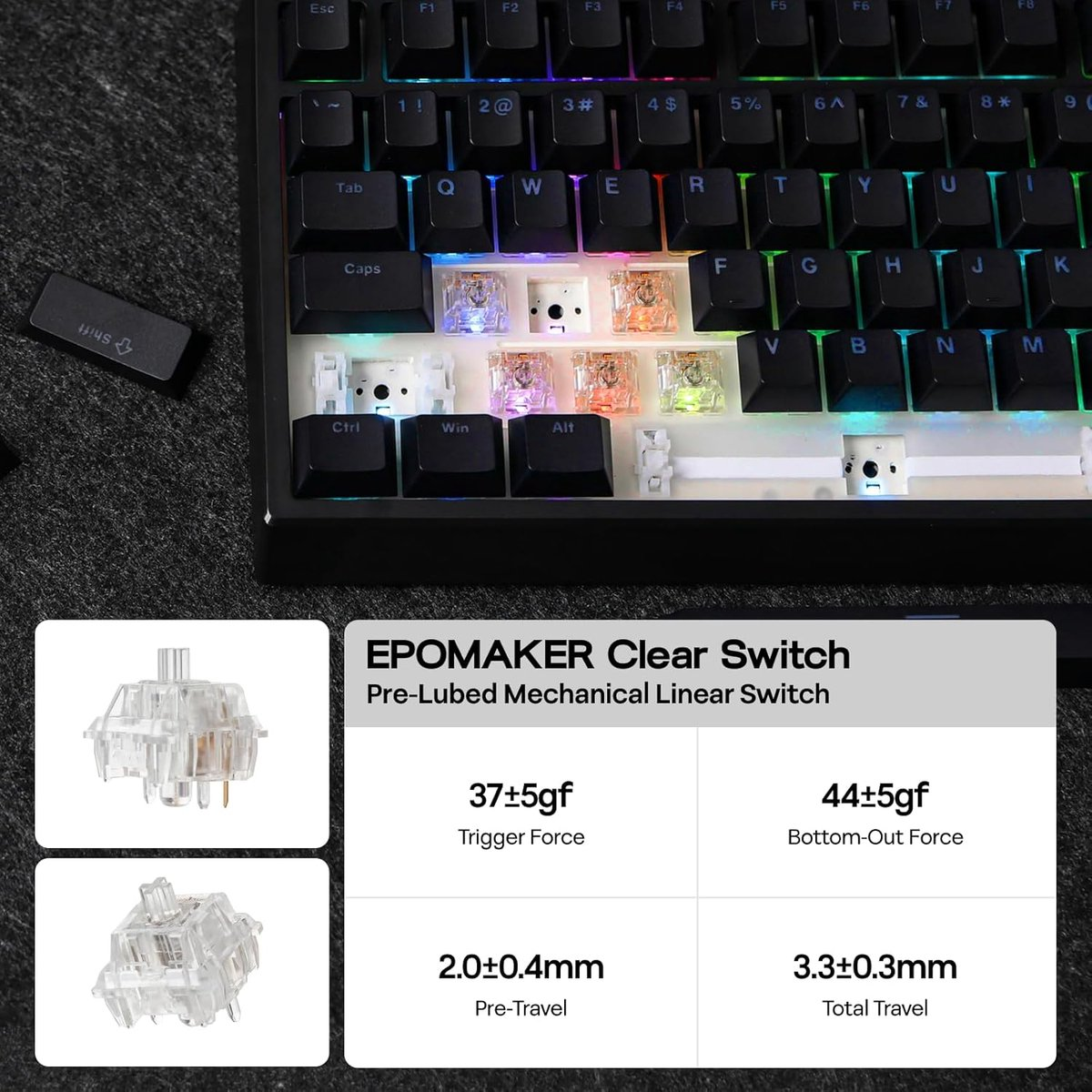 Een close-up van een mechanisch toetsenbord met kleurrijke keycaps, transparante switch-voorbeelden en specificaties van de switches.