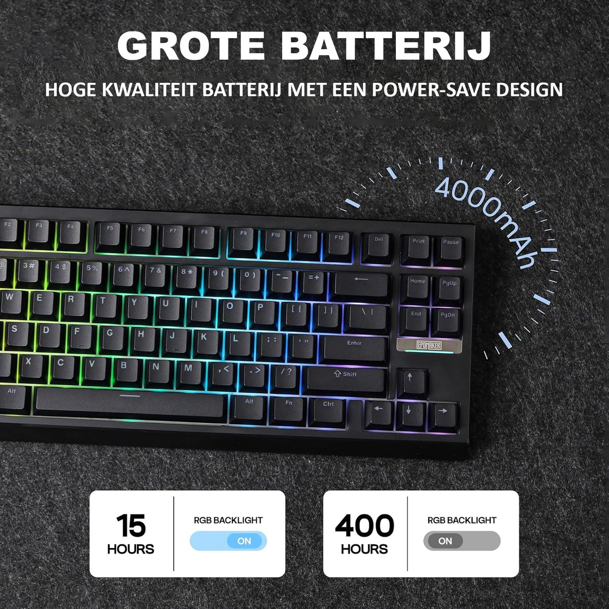 Zwart toetsenbord met RGB-verlichting op donker oppervlak. Tekst: 'GROTE BATTERIJ'. Details over de batterijduur.