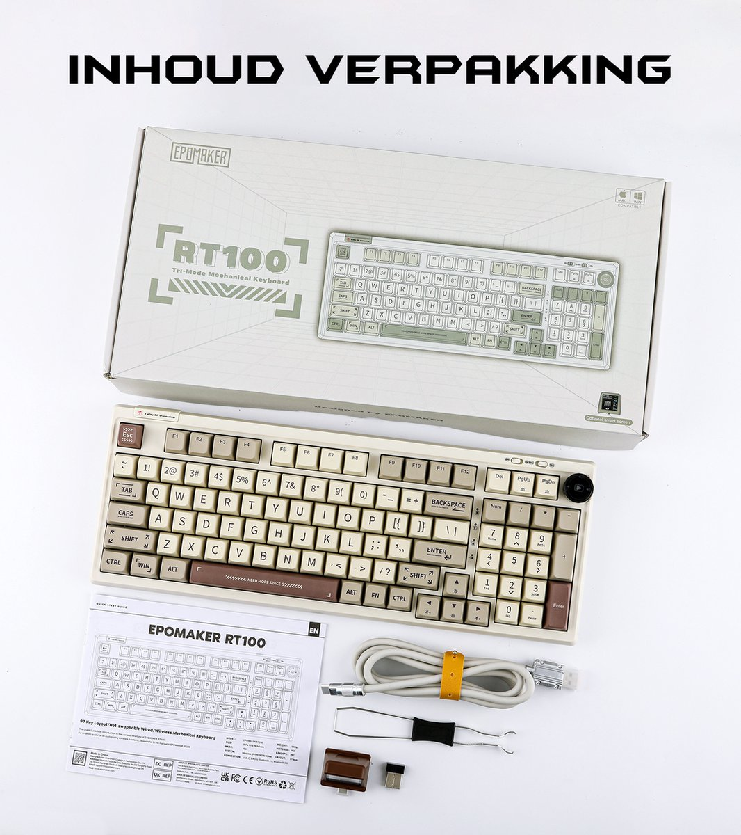 The image shows a keyboard box and its components: keyboard, cable, manual, and tools.