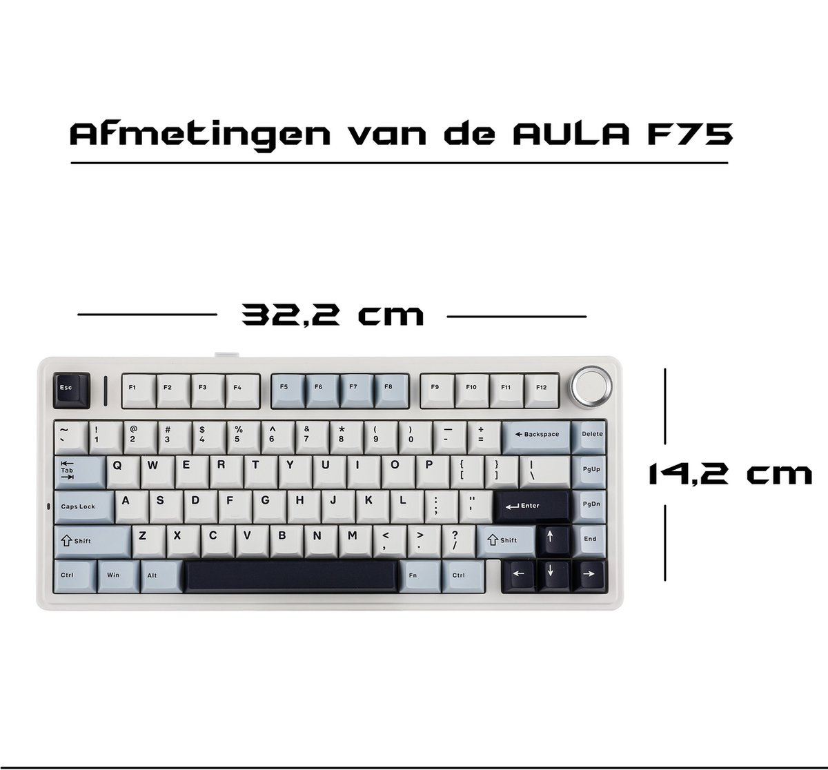 Eine weiße Tastatur mit schwarzen und blauen Tasten. Der Text oben lautet 'Afmetingen van de AULA F75'. Abmessungen: 32,2 cm x 14,2 cm.