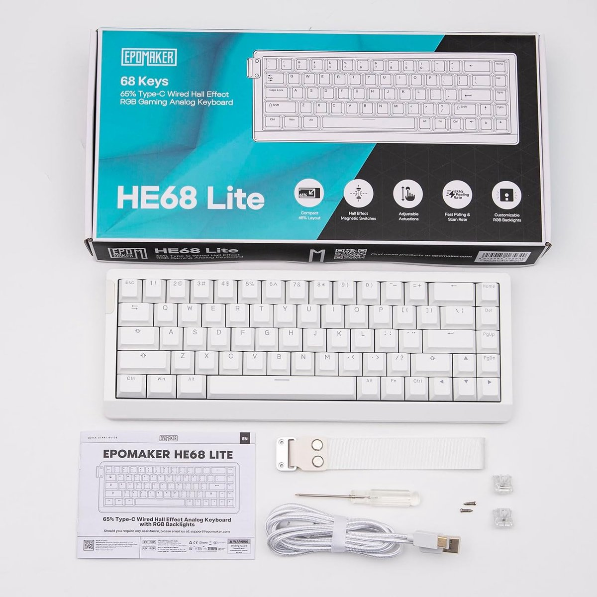 A white keyboard and its box. The box says HE68 Lite. Accessories like a cable and a screwdriver are also present.