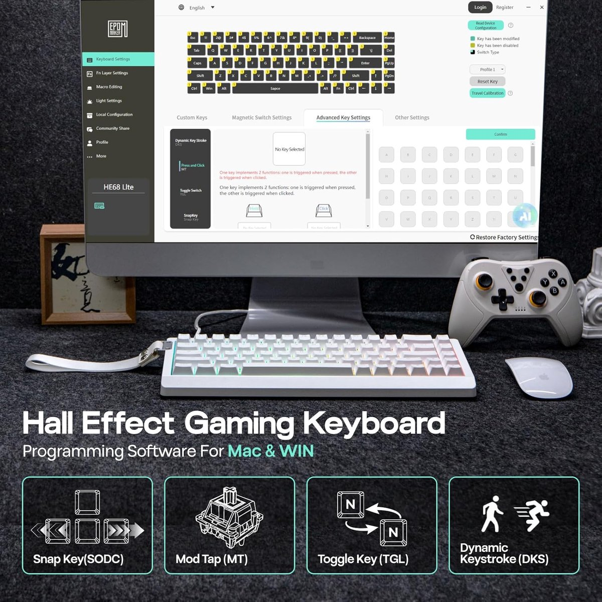A white keyboard sits below a computer screen showing software settings. A gamepad and mouse are also visible.