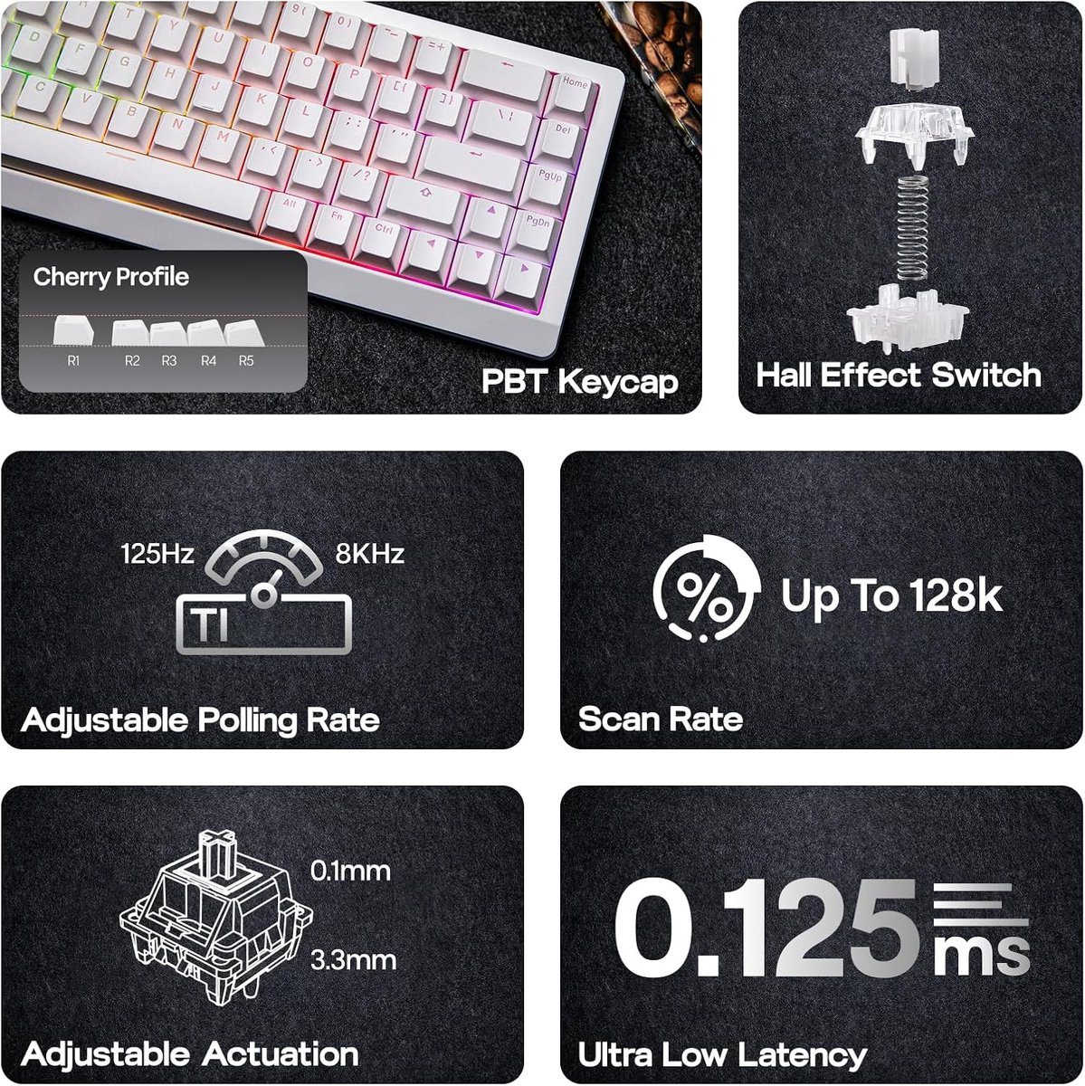 Image shows a white keyboard with highlighted features: PBT keycaps, Hall effect switch, and adjustable polling rate.
